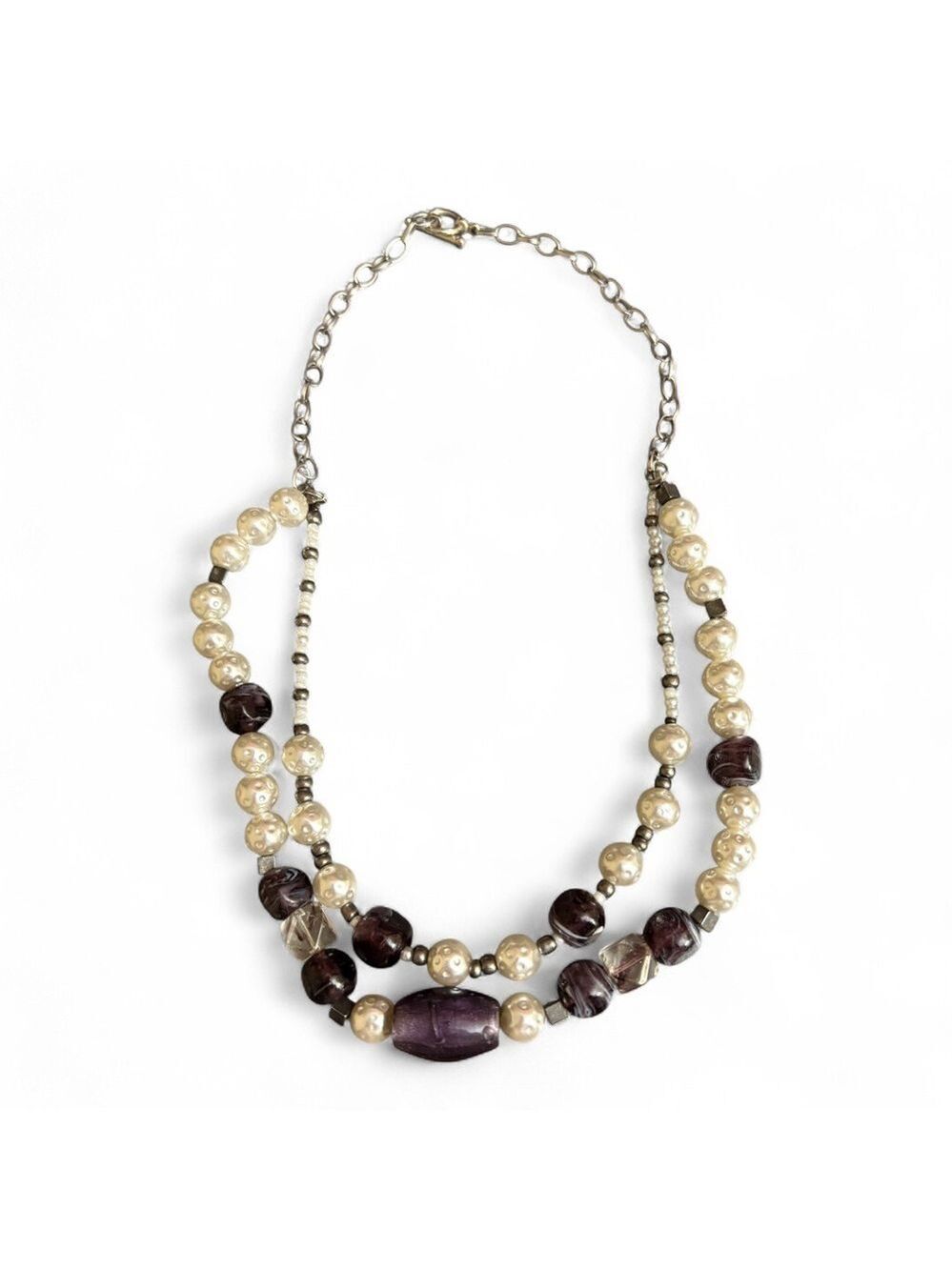 Elegant Faux Pearl and Purple Beaded Necklace EUC